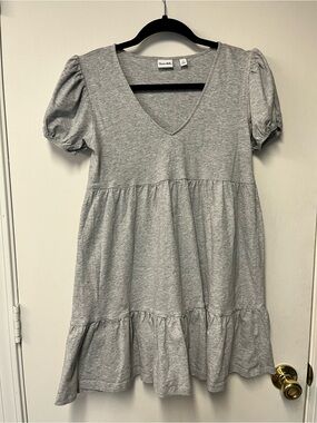 Sun-deh Gray Puff Sleeve Tiered Babydoll Mini Dress Size XS